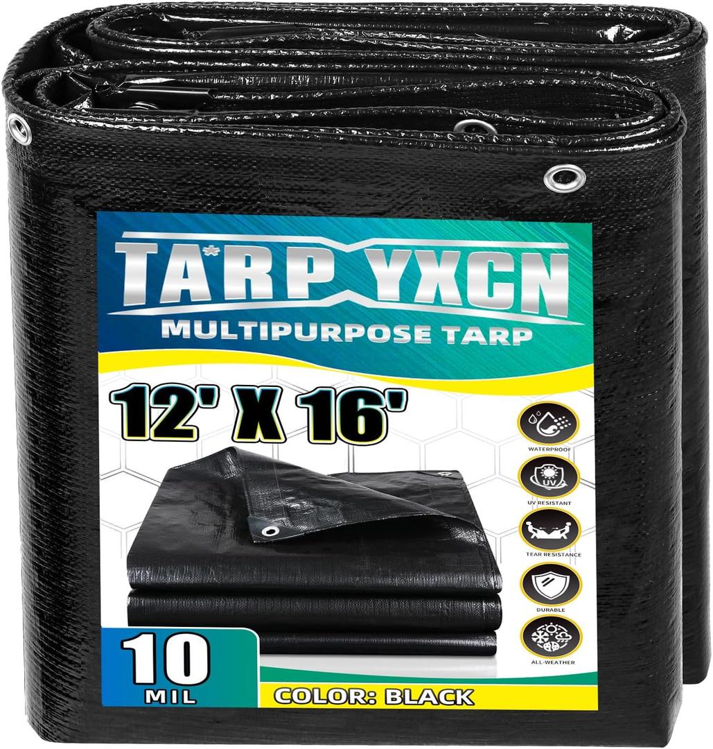 Black Tarp 12x16 Feet, 10 Mil Thick Waterproof Poly Tarps Cover UV Resistant, Rip & Tear Proof with Metal Grommets Every 20 Inches