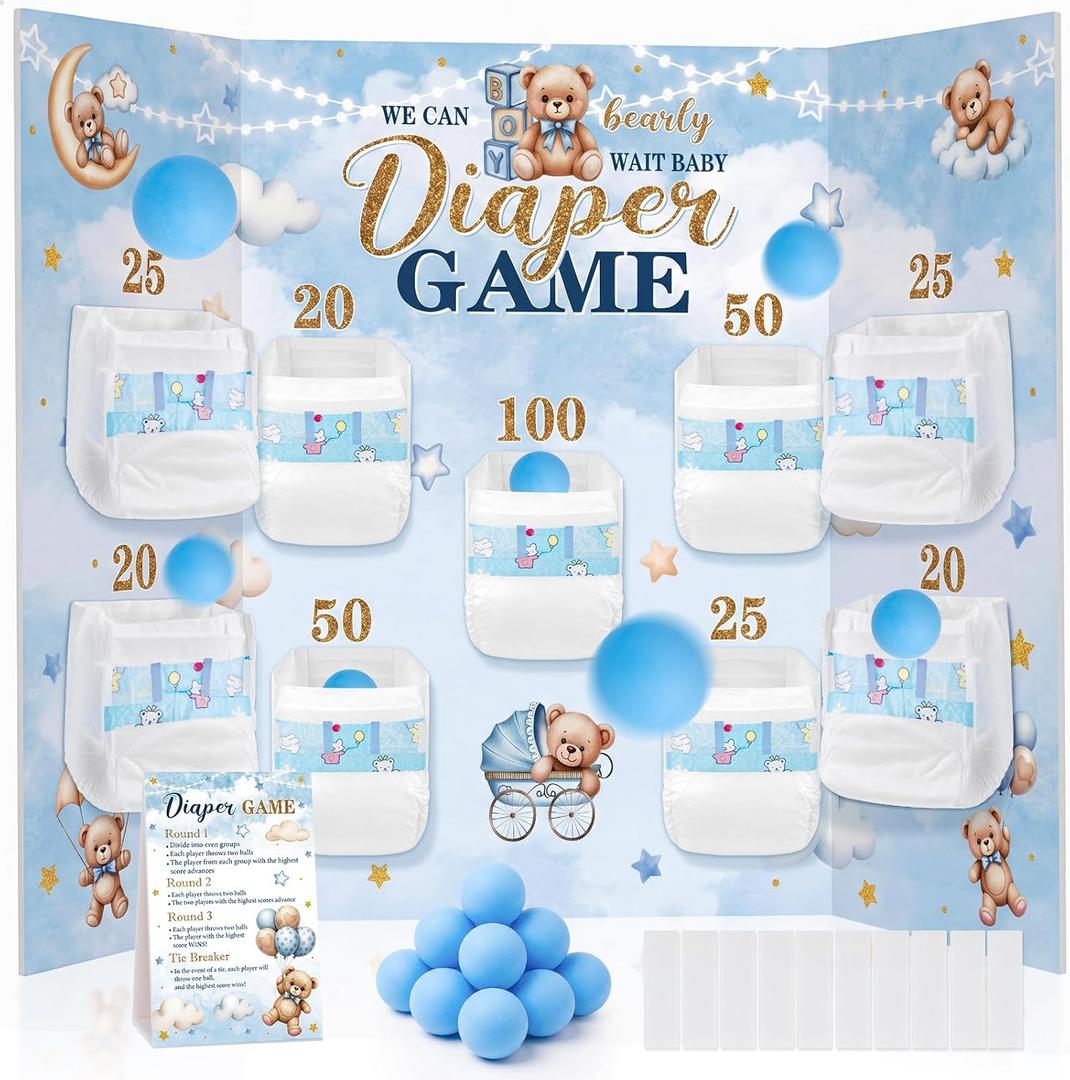 Capoda 31 Pieces Bear Baby Shower Diaper Game Kit Include 1 Diaper Baby Shower Game Board, 10 Diapers, 10 Blue Plastic Balls, 10 Back Adhesive Tapes for Boy or Girl Gender Reveal Party Supplies, 34 x 22 inches