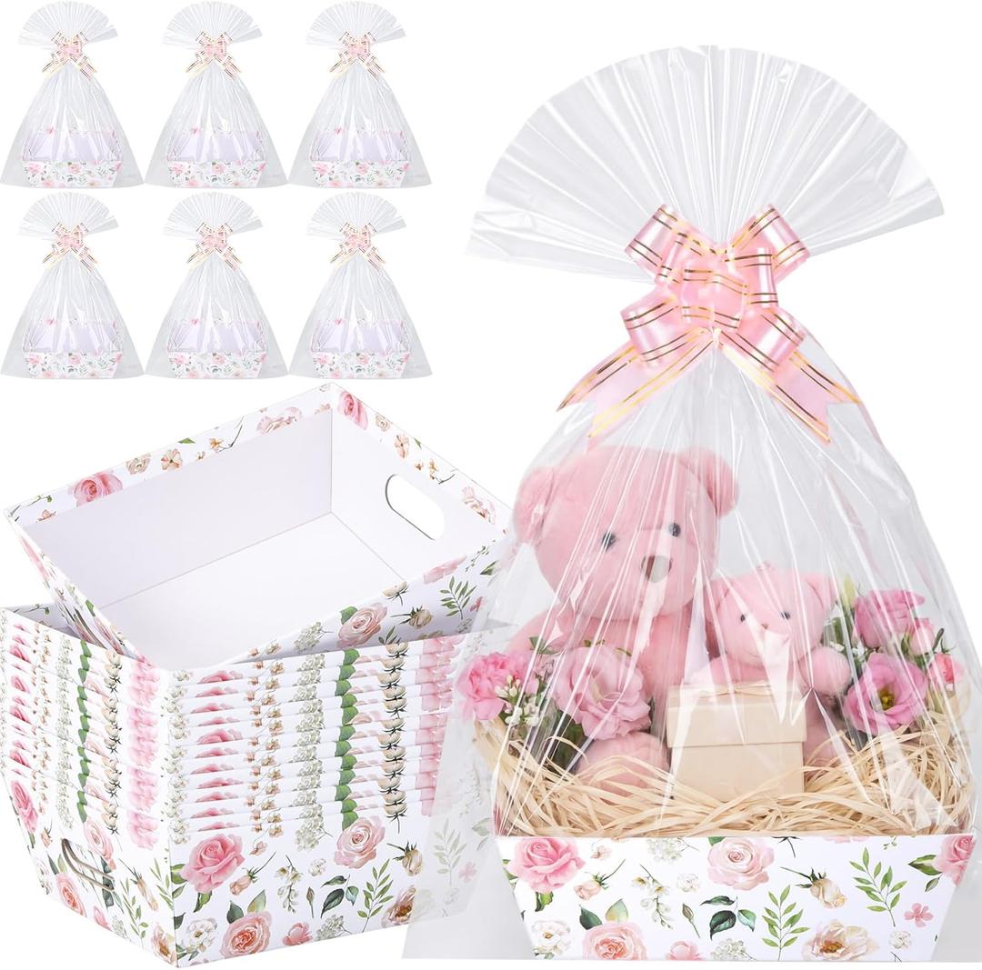ForraFun 12 Pcs Pink Roses Baskets for Gifts Empty with Plastic Bag Ribbon Bow 8x10'' Cardboard Gift Wrapping Basket with Handle to Fill for Spring Mother's Day Wedding Bridal Birthday Party Supplies
