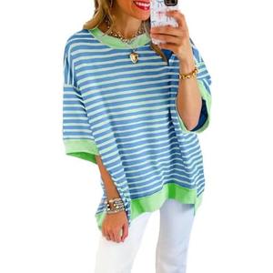 SHEWIN Womens Tops Casual Short Sleeve Sweatshirt Crewneck Striped Shirt Pullover T Shirts Loose Blouses (S size)
