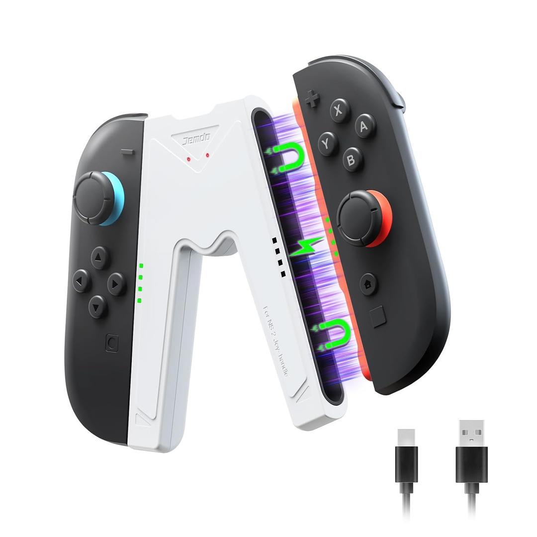 JEMDO Magnetic JoyCon Charger Grip Compatible with Nintendo Switch 2 Only Ergonomic LED Charging Grip for JoyCon 2 with USB-C Cable, Travel-Ready, White [nintendo_switch_2]