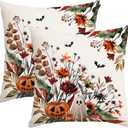 RABUSOFA Halloween Pillow Covers 20x20 inch Set of 2 Pumpkin Ghost Bat Decorative Throw Pillow Horror Floral Wildflowers Couch Cushion Case Decorations for Sofa Bedroom Living Room Home Decor (Multicolor)