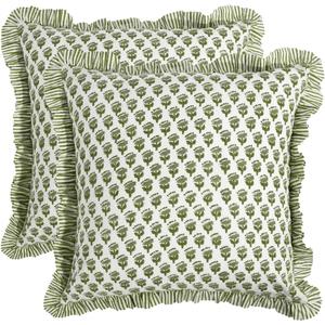 CPC Block Print Ruffle Throw Cover Emerald Green 20"x20" Inch Pack of 2-100% Cotton Ruffle Couch Decorative Boho Pillows Case for Living Room, Bedroom, Sofa, Farmhouse Gift for Spring, Mother's Day