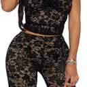Mandonce Sexy Outfits For Women Pants Sets Lace Sleeveless Camisole Tops Match Skinny Lace Capri Pants Clubwear Trendy (Medium, 0black)