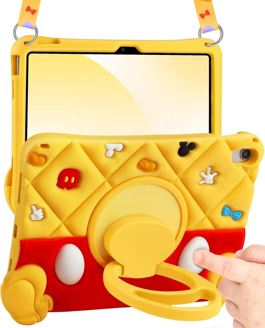 Boaretiu for iPad A16 Case - Red Yellow Soft Silicone Cute Case for iPad 10th Generation 10.9 Inch 2022/11th Generation 11 Inch 2025 Cover with Shoulder Strap Rotating Stand for Kids Boys Girls,Yellow-Red Cartoon