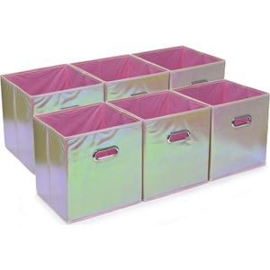 Handy Laundry 6-Pack Foldable Cube Storage Bins – Decorative Collapsible Organizer for Shelves, Closets, Underbed, Clothes, or Kids’ Toys (Shiny Pink)