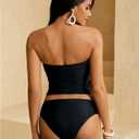 WDIRARA Women's 2 Piece Color Block Tankini Set Bandeau Strapless Ruched Bathing Swimsuit (Black, XL)