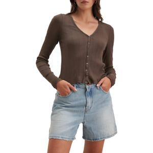 Velvet by Graham & Spencer Women's Drew Pointelle Long Sleeve T-Shirt Cardigan (Brown, XS)