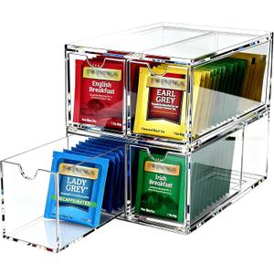 Youngever 4 Pack Plastic Tea Packet Organizers, Stackable Tea Bag Drawers, Clear Tea Bag Drawer Organizers (6" x 9" x 3.5")