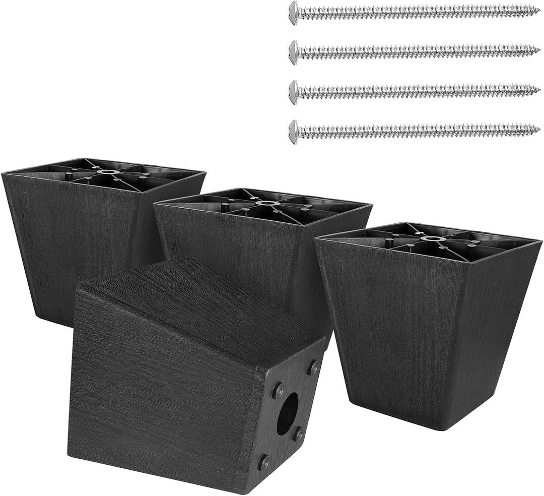 4 inch Black Plastic Furniture Legs, Screw-in Couch Legs Square Sofa Legs Replacement Legs for Furniture Couch Table Sofa, Pack of 4