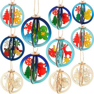Chunful 72 Pcs DIY Wooden Crafts to Paint 3D Unfinished Paint Your Own Ornaments Wood Hanging Cutouts Blank Hollow Wood Slice for DIY Craft Projects, Winter Holiday Decorations