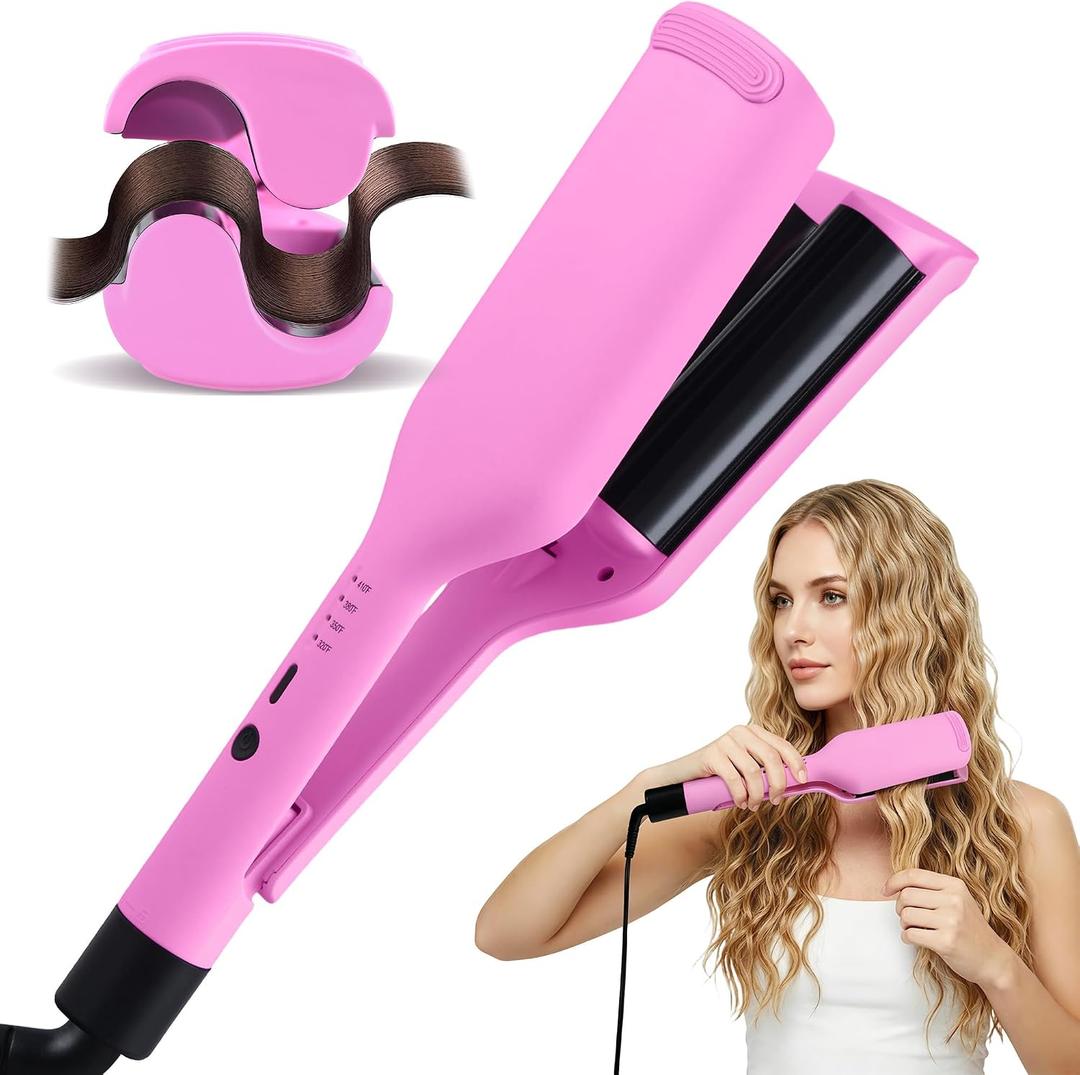 NONK Power Curling Iron Hair Crimper Waver, Ceramic Double Barrel Curling Wand, 1.25 Inch, Dual Voltage, Anti-Scald, Easy to Use, Hot Tools for Women, Pink, Gifts for Women