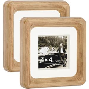 HELPLEX 4x4 Matted to 3x3 Square Picture Frame Set of 2 - Natural Oak Wood with HD Tempered Glass, Convertible Design for Wall or Tabletop Display - Art Gallery & Luxury Home Office Decor