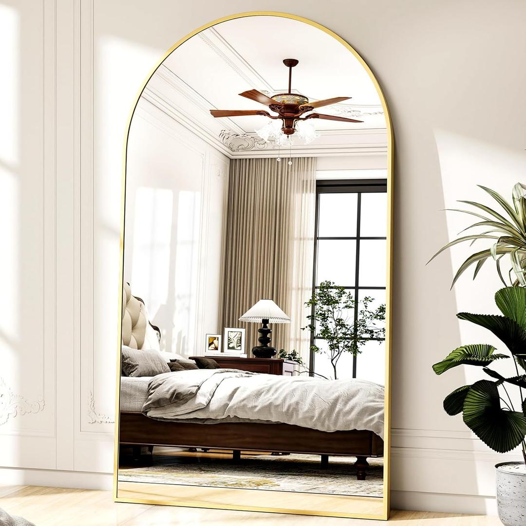 Easly 46"x76" Arched Full-Length Mirror, Oversized Floor Mirror with Stand, Freestanding or Wall-Mounted Full Body Mirror for Living Room, Bedroom, or Cloakroom, Gold
