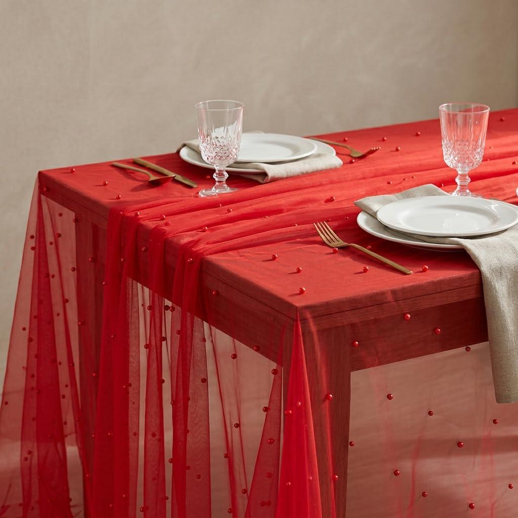 Horaldaily Red Pearl Red Gauze Tablecloth 60×84 Inch Rectangular, Spring Summer Tulle Lace Cheesecloth, Bridal Shower Table Cover for Wedding Birthday Table Decor