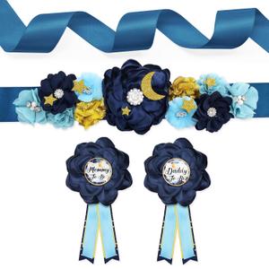 Vansolinne Star and Moon Maternity Sash Kit Mom to Be Daddy to Be Corsage Pin Over The Moon Baby Shower Decorations Navy Blue Twinkle Twinkle Little Star Theme Belly Bond Pregnancy Photo Props