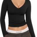 MANGOPOP V Neck Long Sleeve Shirts for Women Sexy Crop Top Basic Slim Fitted T Shirt Going Out Tops Y2K (XX-Large, Black)