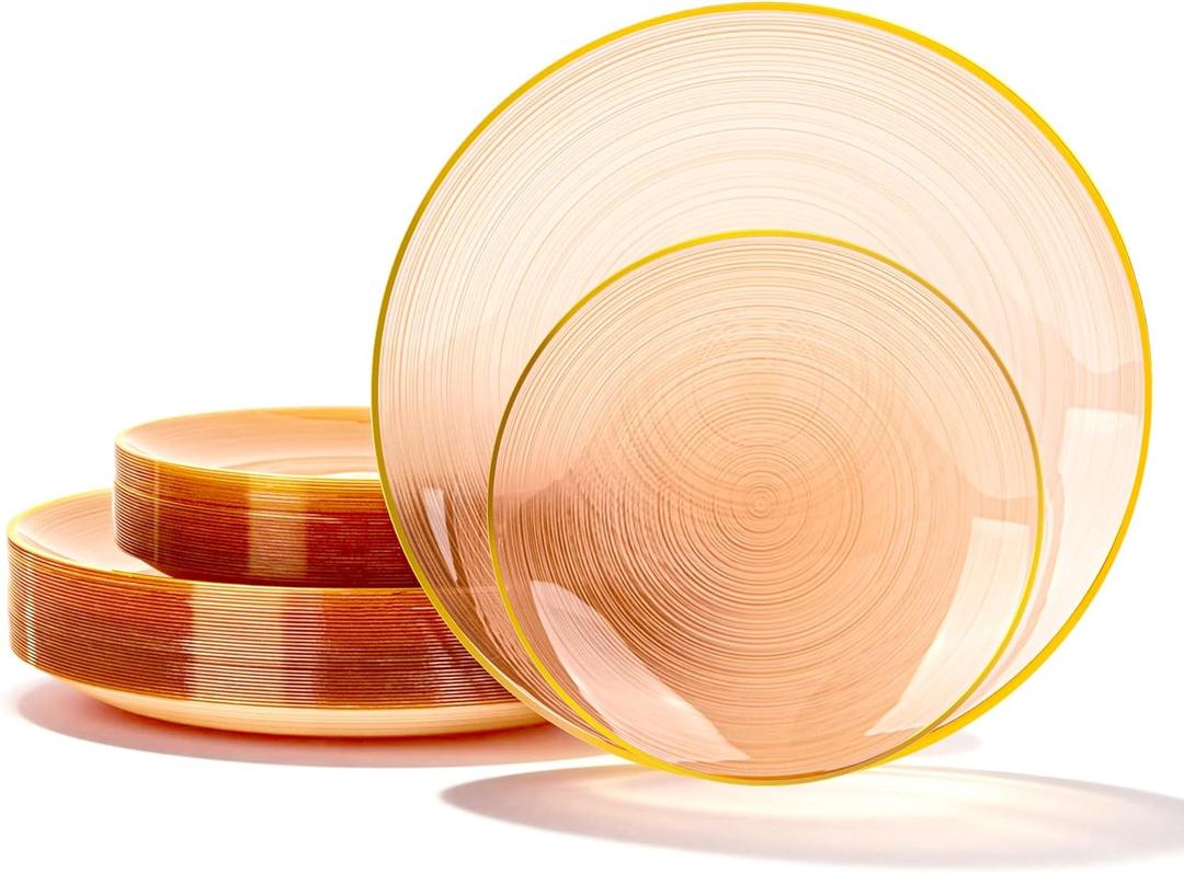 N9R 60PCS Orange Plastic Plates with Gold Rim, Elegant Disposable Plates, Circular Ribbed Design, 30 Dinner & 30 Dessert Plate for Parties, Weddings, Banquets and Events (Translucent Orange)