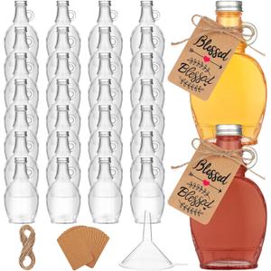 30 Pcs 5.07 oz Glass Syrup Bottles with 30 Tags, 1 Rope, and 4 Funnels Set, Clear Glass Bottles with Aluminum Lids and Loop Handle, Maple Syrup Jars Storage for DIY Whiskey Sauce Vanilla Gifts