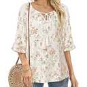 Furnex Dressy Blouses for Women: Elegant Casual - Summer Tops for Women 2025 - Dress Shirts for Women Ladies Tops Women's Ruffle Sleeve Boho Shirts V Neck Floral Pleated Casual Tunic Multi-Orange, Size XL