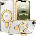 Compatible with iPhone 16E Case with Invisible Magnetic Ring Stand [Compatible with Mag-Safe] [Full Camera Lens Protector] Plating Clear Phone Case for iPhone 16E 6.1", Gold