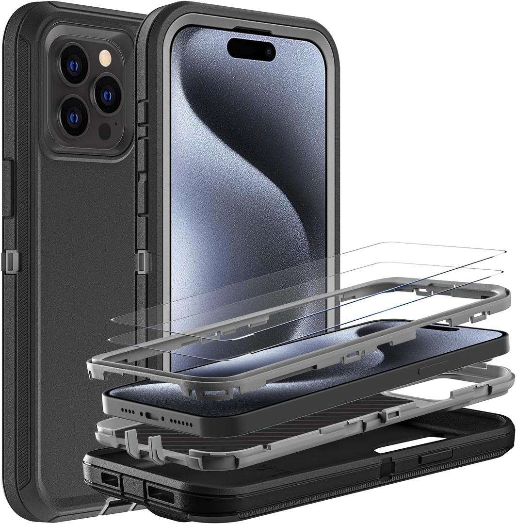for iPhone 15 Pro Case, Military Grade 3 in 1 Heavy Duty Shockproof/Drop Proof/Dust Proof Case with 2Pcs Tempered Glass Screen Protector (Black/Grey)