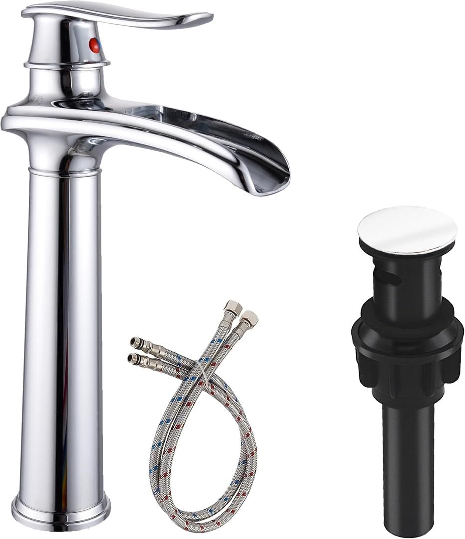 Chrome Bathroom Vessel Sink Faucet, Waterfall Bathroom Faucet, Tall Bathroom Faucet, 1 Hole Single Handle Vessel Faucet Bowl Sink with Pop Up Drain Combo Mixer Tap Commercial Vanity
