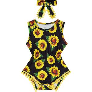 UNICOMIDEA 0-24 Months Baby Floral Romper Infant Playsuits Headband Jumpsuit Toddlers Outfits (Black)
