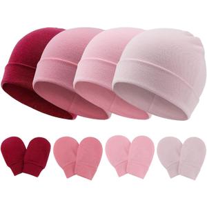 BQUBO Baby Hats and Mittens Infant Cotton Beanie Gloves No Scratch Set Newborn Hospital Hat for Boys Girls (4 Sets: Burgundy/Pink/Flamingo Pink/Pale Pink(0-6 Months) a)