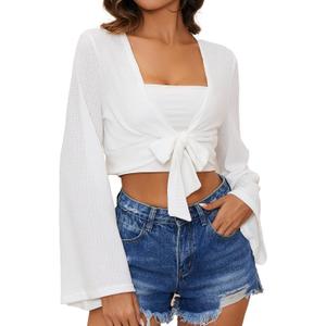 YYA Women's Lightweight Ribbed Cardigan Tie-Front Beach Cover Up with Long Sleeves for Summer Outfits White XXL (XXL)