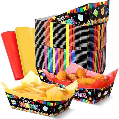 Dispowreath 50 Set Back to School Food Trays with Wax Paper Trays Disposable Nacho Snack Boats Paper Food Holder for Welcome First Day of School Party Supplies Decoration