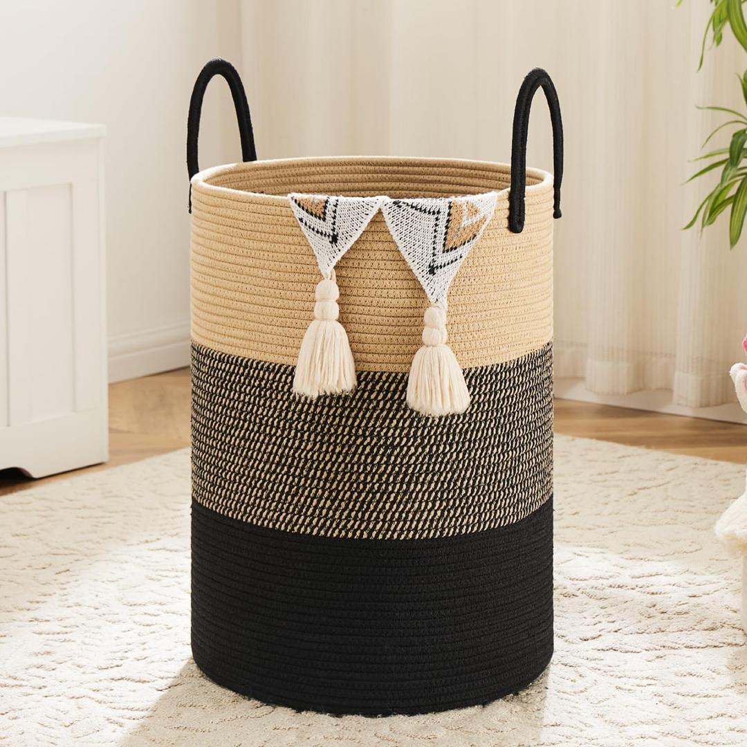 Artfeel Laundry Basket,Woven Cotton Rope Laundry Hamper,40L for Decorative Storage of Dirty Clothes,Toys and Blankets in Bathroom,Bedroom and Living Room (Black & Brown)