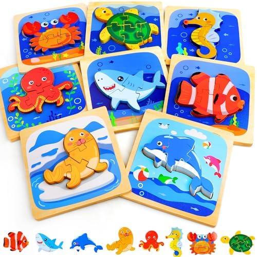 TOY Life Wooden Puzzles for Toddlers 2-4, Sea Animals Puzzles for Toddlers 1-3, Wood Puzzles Educational Montessori Toys Gifts for 1 2 3 Year Old, Baby Kids Learning Toy