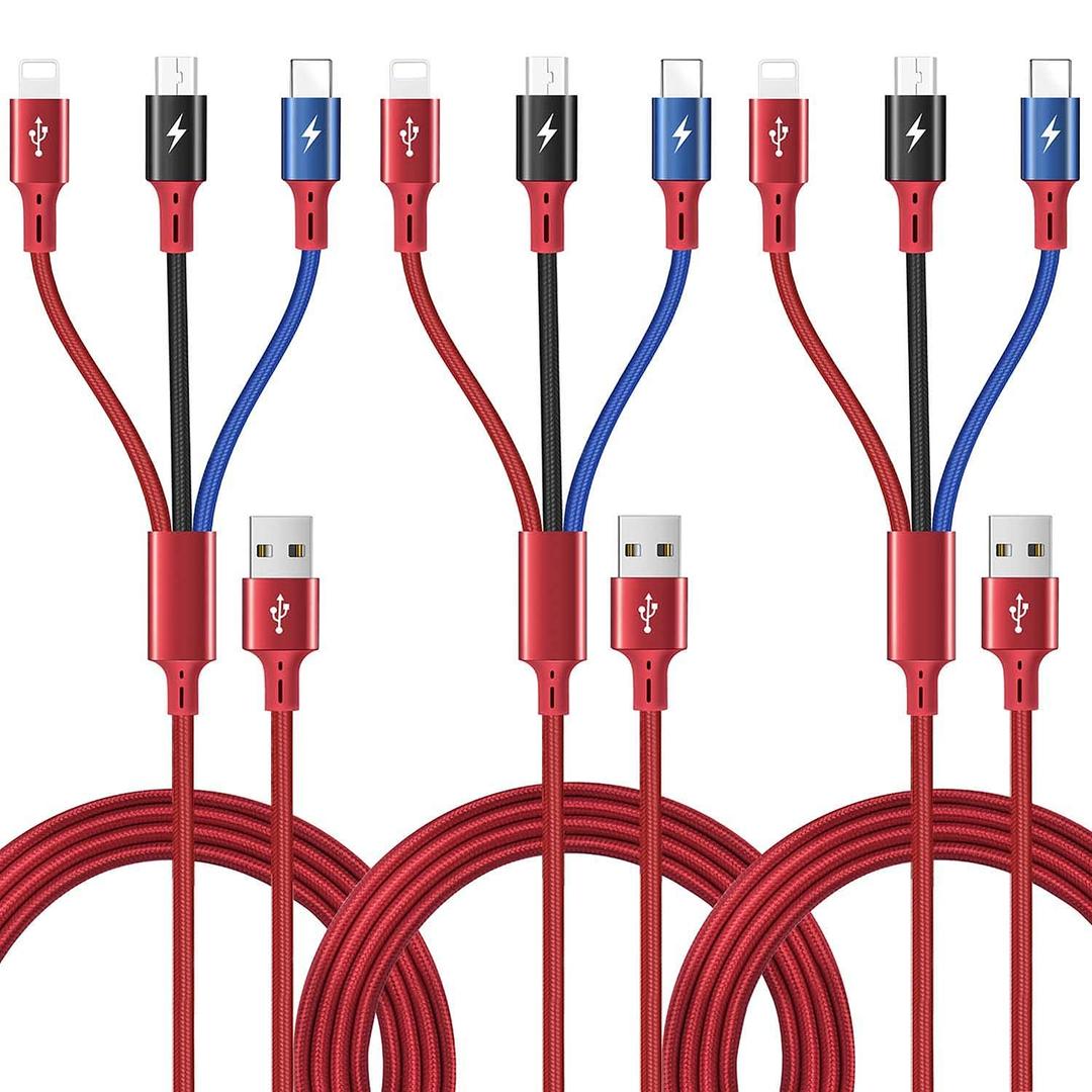 3Pack 5Ft Multiple Charging Cable 3-in-1 Braided Multi Charger Cord Fast Charging Cable Multi Charger Cable for Type C/Micro USB Port for Cell Phones/iPhone 17 16 15 14 13/Samsung/PS/Tablets & More