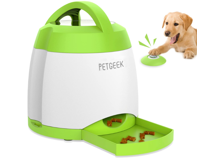 PETGEEK Automatic Dog Treat Dispenser with Button  Puzzle Memory Training Feeder, Pet Geek Button Treat Food Dispensing Toys Interactive, Iq Training Dog Feeder (Green)