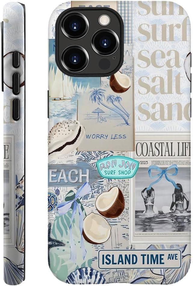 Case Compatible with iPhone 16 Pro,Fall Prevention Hybrid 2-Layer Hard Shell Cases for Girls Boys,Beach Coast Collage