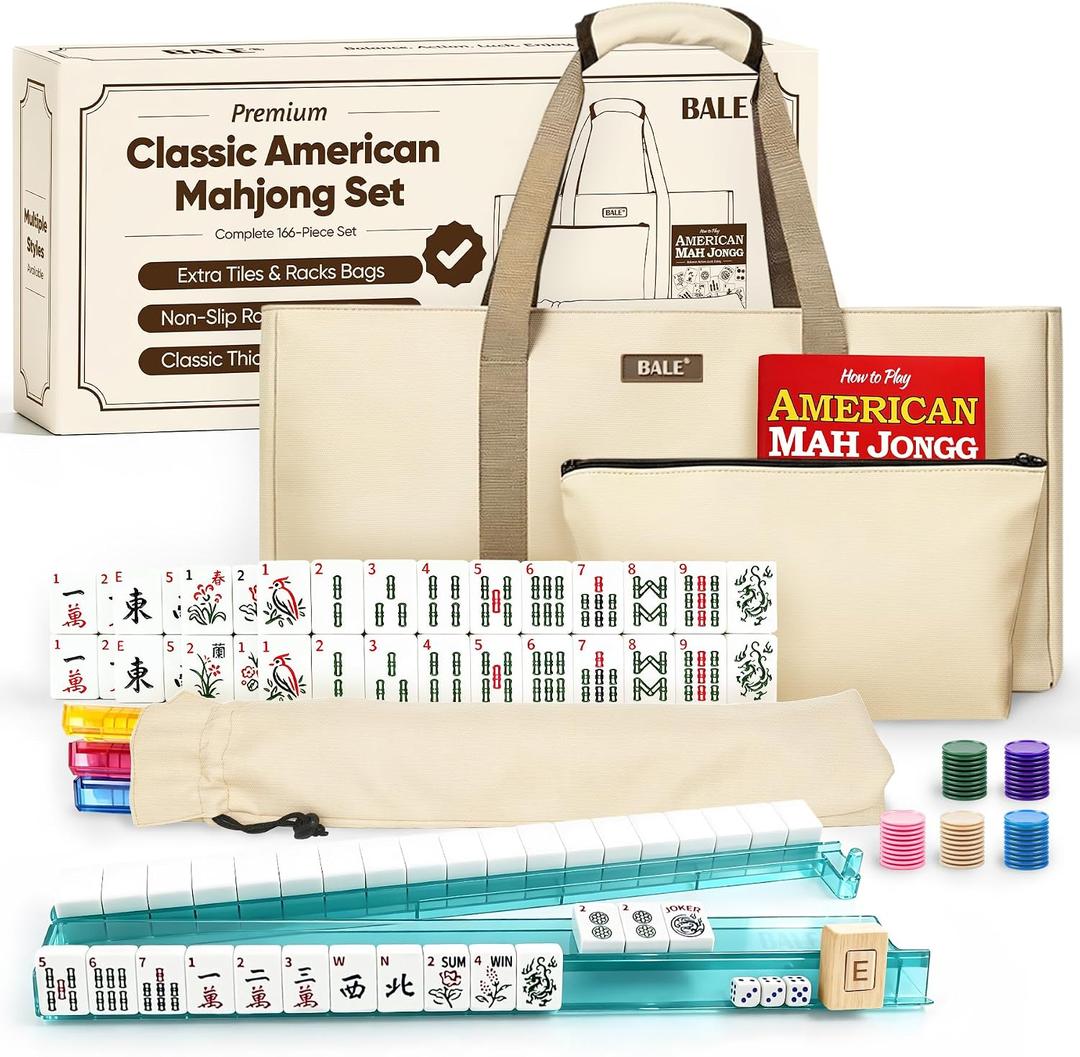 BALE Upgraded American Mahjong Tile Set with Complete Game Accessories | 166 White Engraved 1.2" Mah Jongg Tiles , 4 Color Acrylic Racks Pushers,3 Pcs Majong Carrying Bags, Travel Family Friend Club