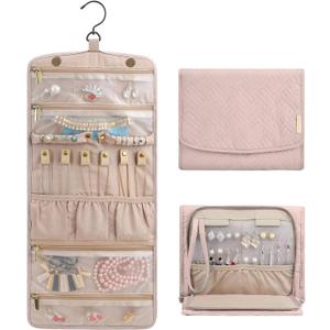 BAGSMART Travel Hanging Jewelry Organizer Case Foldable Jewelry Roll with Hanger for Journey Rings, Necklaces, Bracelets, Earrings, Soft Pink