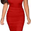 GOKATOSAU Women's Summer Strapless Mesh Bodycon Split Ruched Midi Party Dress Red (Red, L)
