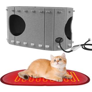 Large Heated Cat House for Indoor Outdoor Cats,with Timer & Temp Adjustable Pet Heating Pad Bed Included,Foldable Dog House23 * 12 * 13inch (grey)