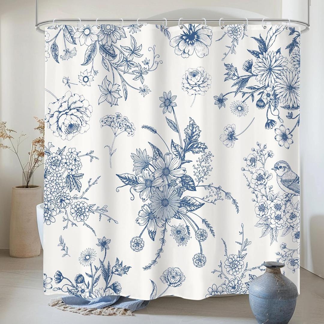 LIGHTINHOME Blue Floral Shower Curtain 72Wx72H Inches,Boho Vintage Navy and White Flowers Bathroom Curtains,Decorative Bird Farmhouse Shower Curtain Set,Chinoiserie Aesthetic Bathroom Decor with Hooks