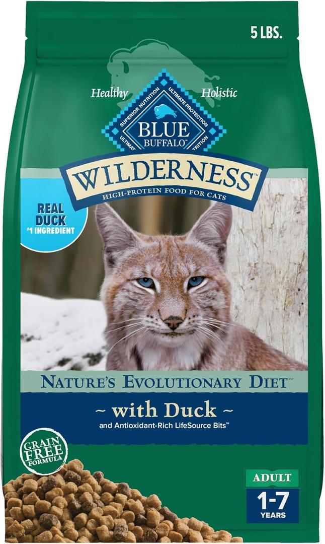 Blue Buffalo Wilderness Nature's Evolutionary Diet High-Protein, Grain-Free Natural Dry Food for Adult Cats, Duck, 5-lb. Bag, BBD 2026/31