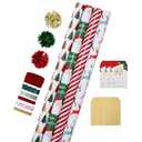 LaRibbons Christmas Wrapping Paper Sets, Reindeer & Santa & Candy Cane Stripes Design with Ribbons & Gift Tags & Metallic Pom Pom for Christmas, Holiday, 30Inch × 10Feet（ 4 Rolls: 100 Sq.Ft.Ttl）