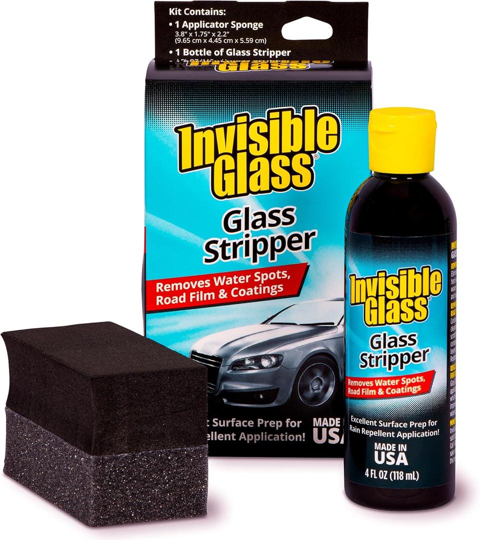 Invisible Glass 91411 Glass Stripper Hard Water Spot Remover Strips Coatings, Waxes, Oils & Road Film Preps Windshields for Rain Repellent & Ceramic Coating 4 Fl Oz