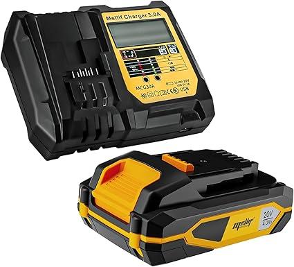 Mellif Battery and Charger Kit, 20V 4.0Ah Replacement Dewalt Battery and 4.0A Fast-Charging Charger (110~240V Input), Compatible with Dewalt 20V Max Tools, 5V 2A USB Charger (Yellow)