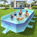 HeySplash Foldable Pool, Non-Inflatable Swimming Pool with Rigid Puncture-Proof Hard Composite Board, Adults & Kids Pool for Backyard Garden Dog Pool Kiddie Pool Outdoor Pool, 114"70"19", Ice Blue