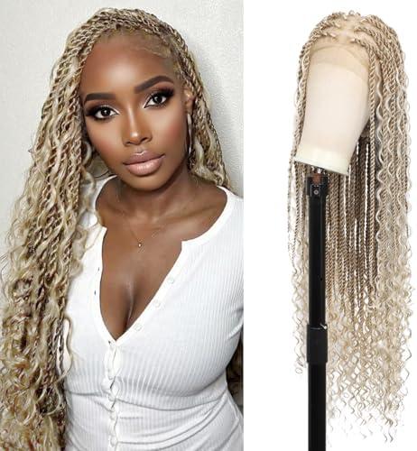 Olymei 360° HD Full Lace Braided Wigs for Women Knotless Boho Braided Wigs Twisted Braids Lace Wig with Baby Hair Premium Synthetic Braided Lace Front Wigs 36" Light Brown Ombre Blonde