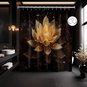 Black and Gold Shower Curtain Lotus Flower Shower Curtains for Bathroom Decor Decorative Yellow Golden Floral Bath Curtain Set with Hooks, Waterproof Cloth Fabric, 70x72in
