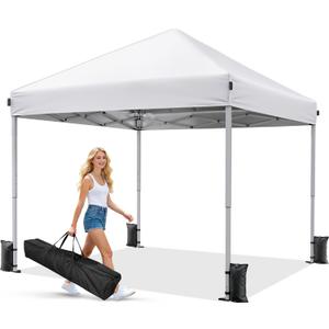 Driftalia 10x10 Pop Up Canopy Tent, Instant Setup Portable Canopy with Carry Bag, 4 Sandbags and 8 Stakes for Outdoor Events, Parties & Camping - White