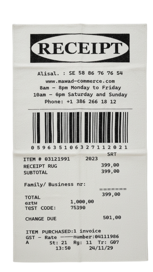 Receipt cover long white rug